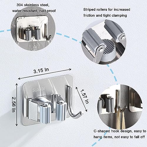 Image of Enclave Stainless Steel Mop and Broom Holder Wall Mounted Adhesive Storage Solutions for Broom mop etc, Garage Storage Systems Broom Organizer. (1 RACK 1 HOOK /SILVER, PACK OF 1)