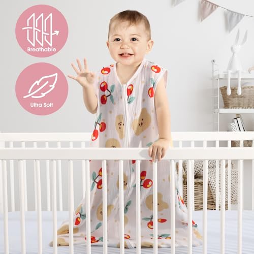Image of BSTOPPT 2 Pack Baby Sleep Sack 0-6 Months 100% Organic Cotton Muslin Baby Sleeping Bag 2-Way Zipper Wearable Blankets (Flower & Cherry, Small), QYY24-HUA