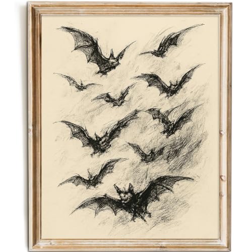 SWZHHYL Vintage Halloween Wall Art, Gothic Charcoal Bat Sketch Canvas Print, Dark Halloween Decor, Spooky Moody Art Pictures for Halloween Nook Gallery Bedroom Decor- 8x10inch Unframed