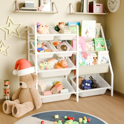 Kids Bookshelf and Toy Organizer, 4-Tier Toy Storage with 7 Remov...