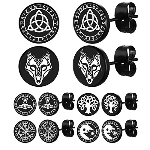 FaithHeart Norse Viking Stud Earrings for Men Black Women Dot Stud Earring Set Viking Compass/Thor's Hammer/Sun Moon Wolf/Celtic Knot/Celtic Wolf Head/Tree of Life Charms