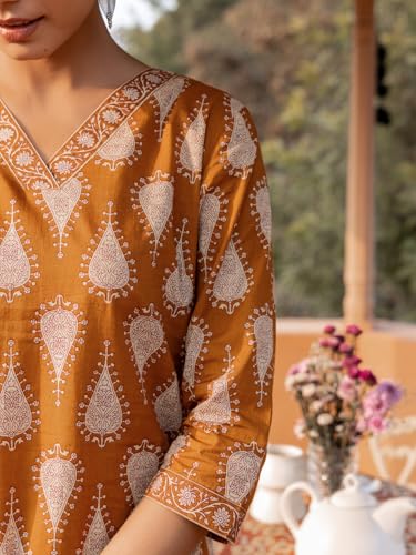 Image of FIORRA Women's Mustard Cotton Printed Straight-Cut Kurta Set