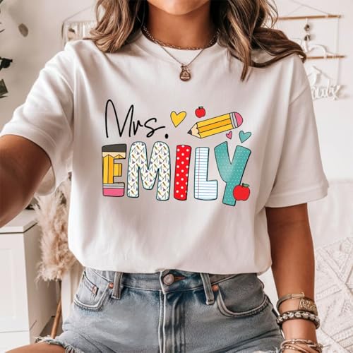 Custom Teacher T-Shirts, Personalized Shirts with Name, Back to School Gifts, Women's White Teacher Outfit2