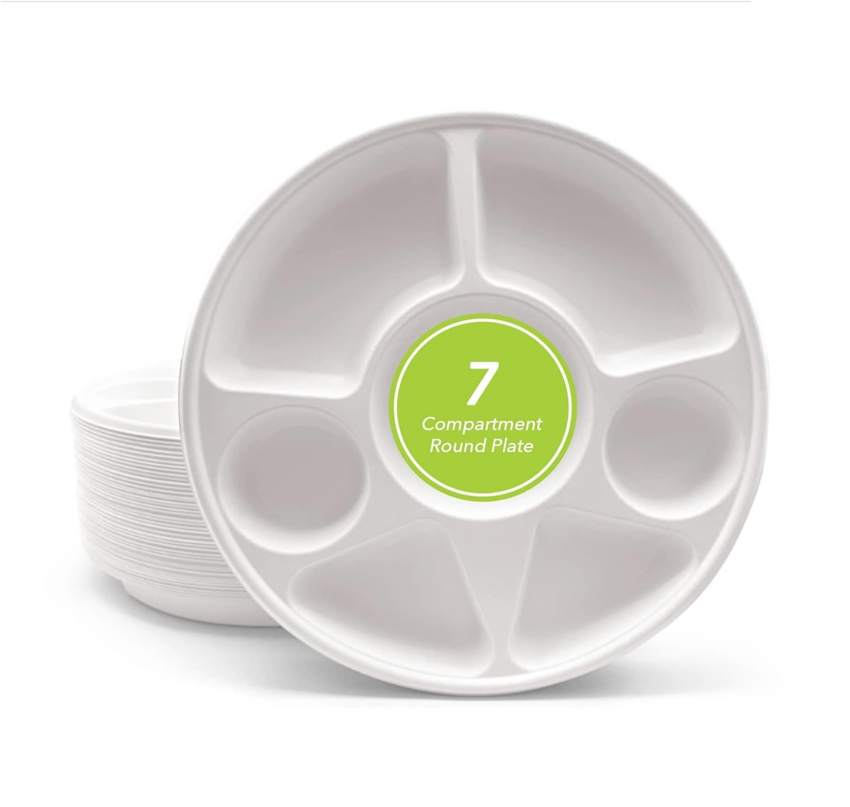 Tezraftaar® 50 x Bagasse Compartment Plates 7 Compartment (11") White Biodegradable Section Plates for Picnic Traveling Catering Camping Parties Supply