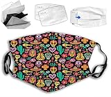 TXSDCCY Day of The Dead,Fashion Face Mask With Filter Pocket,Sugar Skull Flowers,Washable Face Bandanas Balaclava Reusable Fabric Mask For Men Women,Grey