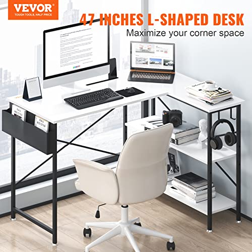 Vevor Corner 9 Work Gaming Desk With Storage Shelves, Bag, Phone Slot, 47 Inch, White #TOP2