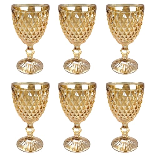 Set vintage di 6 bicchieri da vino colorati e bicchieri da bere con motivo a diamante (bicchiere da vino con rete oro lucido), bicchieri long drink, bicchieri da cocktail con rilievo, vetro, bicchiere
