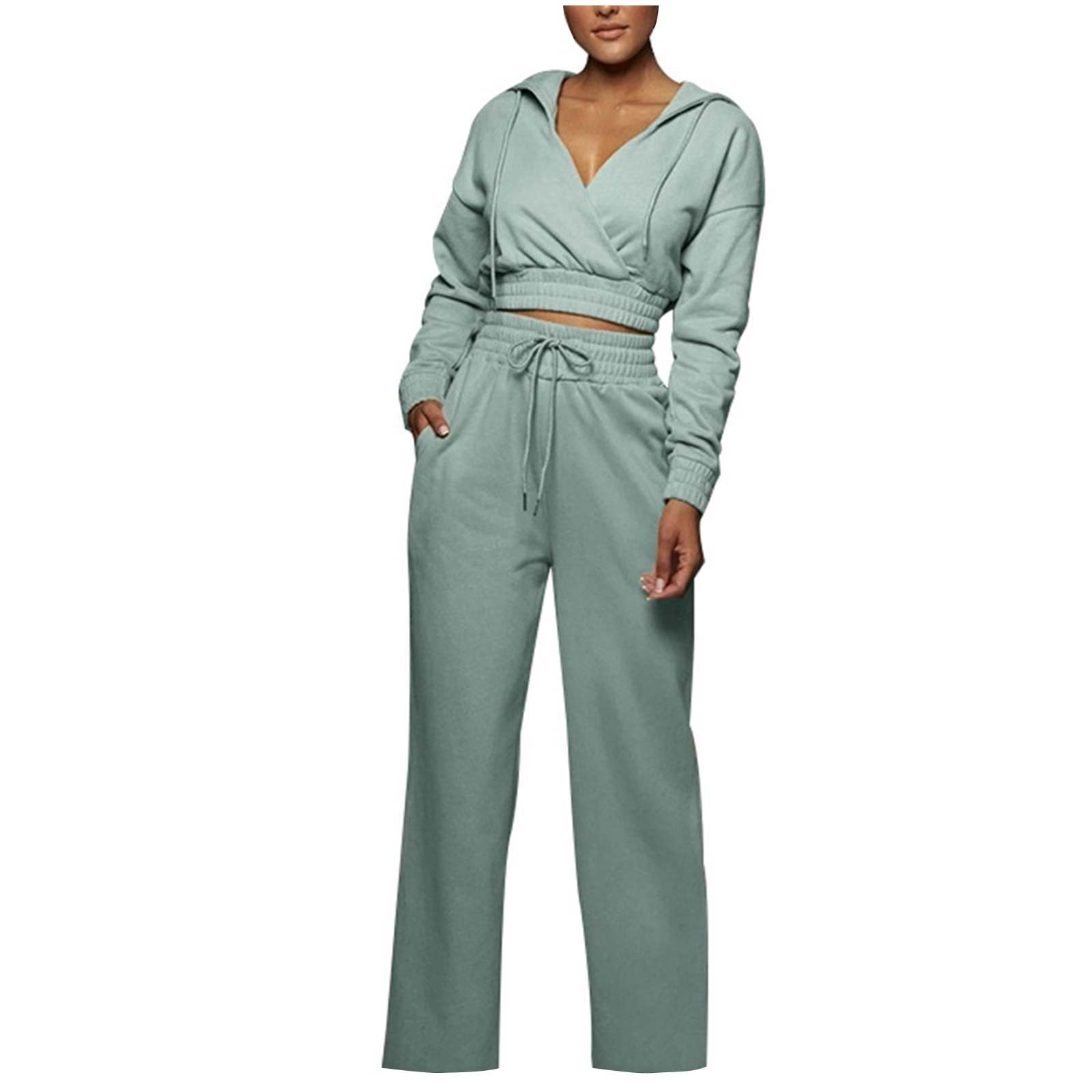 DOLKFU Lounge Sets for Women 2 Piece Outfits Drawstring Wide Leg Pants Sweatsuits Sets Long Sleeve Casual Athletic Tracksuits