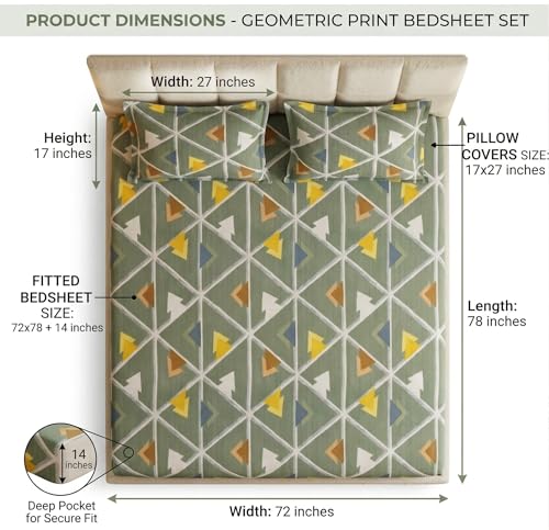 Image of VAS COLLECTIONS King Size Cotton Fitted Bedsheet (78 x 72 + 14 Inches) with Deep Pocket | 220 TC Soft Breathable Wrinkle Free Elastic Bed Sheet for King Mattress | (Geometric)