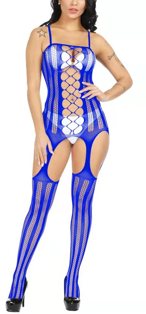 Bommi Fairy Women's Fishnet Chemise BobyStocking Babydoll Bodysuit Chemise Nightwear Perspective Lingerie Mini Dress Free Size (Blue)