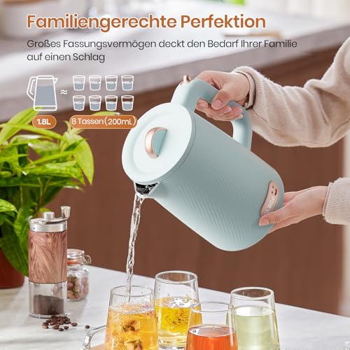 OLEGA Wasserkocher - 1800W Schnellaufheizender Elektrischer Teekessel BPA-freier 304 Edelstahl Elektrischer Wasserkocher mit Automatischer Abschaltung und Trockengehschutz Perfekt für die Familie 1.8L