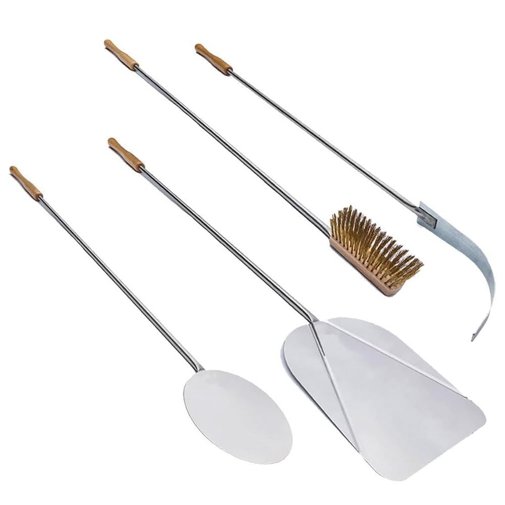 Paluplus Set 4 Pale Pizza in Alluminio Con Manici in Legno di Faggio, Lunghezza 120 cm - Kit Con Pala Rettangolare, Rotonda, Spazzola per Forno e Spargi Brace - Made in Italy