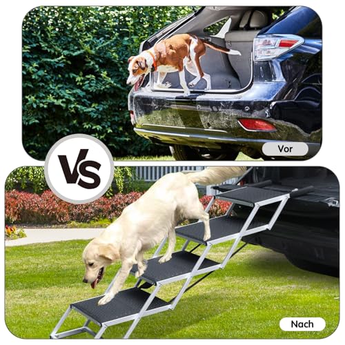 SDLDEER Hundetreppe Auto, 4 Stufen Hunderampe Auto klappbar, Einstiegshilfe Hund Auto für alle Fahrzeuge nutzbar, Höhenverstellbar, Belastbar bis 80 kg