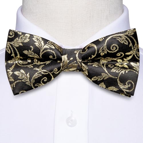 Image of Hi-Tie Pretied Bow Ties for Men Wedding Formal Bow Tie Handkerchief Cufflinks Lapel Pin Set Party Formal Mens Bowtie Set, Black Beige Floral, Medium
