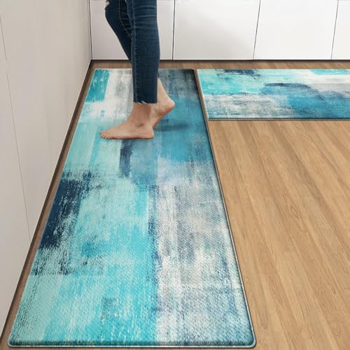 Nesphy AntiFatigue Turquoise Kitchen Rug Set of 2 Cushioned Abstract Teal Rugs for