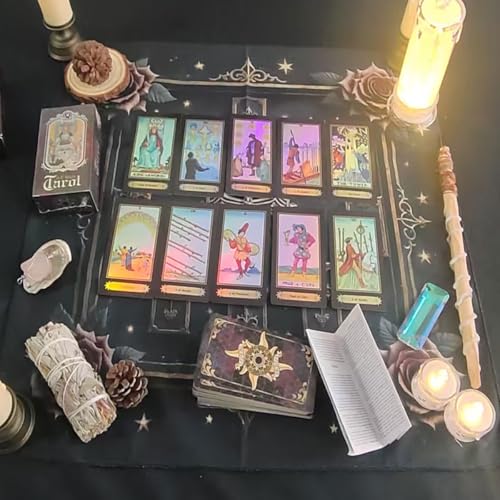 Image of PATPAT 78Pcs Tarot Card Deck Set, Aesthetic Illustration Design with Iridescent Finish, Beginner Tarot Cards Enthusiasts Friendly with Guidebook, Decorative Divination Tablecloth