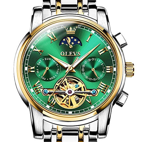 OLEVS Mens Watch Automatic Mechanical Tourbillon Slef-Wind Green Dial Luxury Stainless Steel Date Calendar Week Waterproof Luminous Wrist Watch