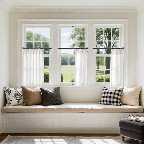 Image of Ivory Linen Kitchen Curtains 36 Inch Length Pinch Pleated 2 Panels for Small Window Privacy Light Filtering Bathroom Window Drapes Neutral Semi Sheer Short Curtains for Front Door Laundry RV Camper