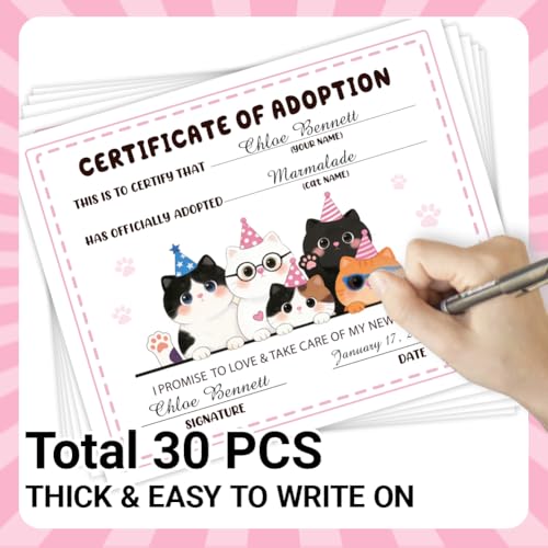 Certificat d'adoption chat rose lot de 30 décoration cadeau - 2