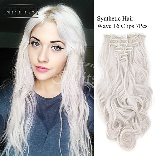 Neitsi 22" 140g Wavy Synthetic Clips in on Hair Extensions Full Head Set HairPieces (Gray)