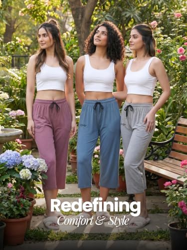 Image of Fflirtygo Women's Cotton Plain Calf Length Capri | Nightwear Pajama | 3 /4th Solid Pyjama Pant | Black Navy and Lavender Lounge Pants | Casual wear & Lounge Wear Capri Combo (Pack of 3)