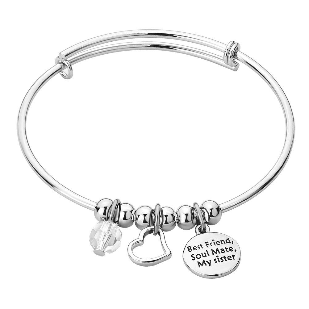 CLY JewelryEngraved Expandable Bangle Bracelet Love Heart Pendant with Crystal I Love My Sister Forever Inspirational Quotes Lovely Gift for Sister Women Girl Birthday Mother's Day Christmas
