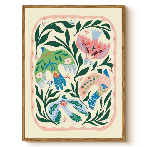 WHASAYART Framed Bird Wall Art 12'x16', Floral Botanical Illustration artwork, Colorful Birds Flowers, Nature Boho Style Print for Living Room Bedroom Nursery Wall Decoration