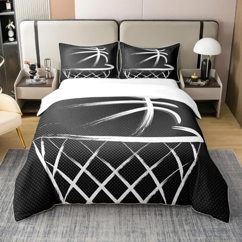 richhome King Basketball 100% Cotton Bedding Set, Zipper Quilt Cover, Basketball Sports Duvet Cover for Kids Toddler Soft Lightweight Quilted Duvet Set with 2 Pollowcases Black