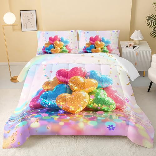 Image of QOOMO Kawaii Heart Kids Comforter Set,Cute Rainbow Print Bedding Set Twin Size for Boys Girls Room Decoration,Pink Bed Set Microfiber Lightweight All Season,1 Comforter Set 2 Pillowcases