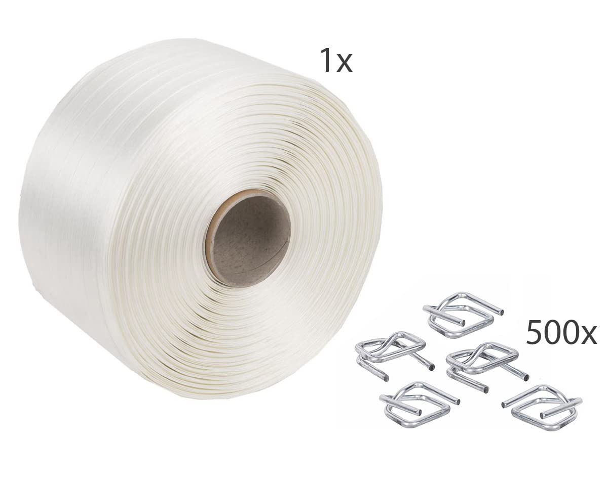 Set di fascettatura | 500 fibbie (morsetti) 16 mm + 1 rotolo di nastro poliestere 16 mm x 850 m | Set completo per il fissaggio durante il trasporto e l'imballaggio