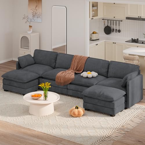 Image of Gizoon 4 Seater Modular Sectional Cloud Sofa with 2 Movable Ottomans U Shaped Corduroy Deep Seat Sofa Couches with Double Layer Upholstered Seat Cushion, Pet-Friendly Fabric, Gray
