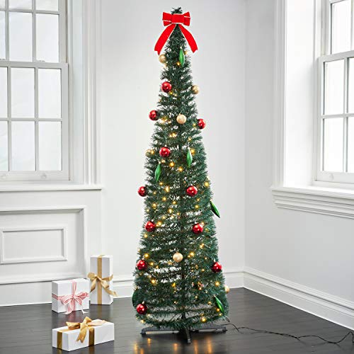 Pop Up Christmas Tree With Lights - 6Ft, Collapsible For Easy Storage, 150 Warm White Led, Ornaments & Bow Included, Decorated Artificial Pencil Tree, Green #TOP9