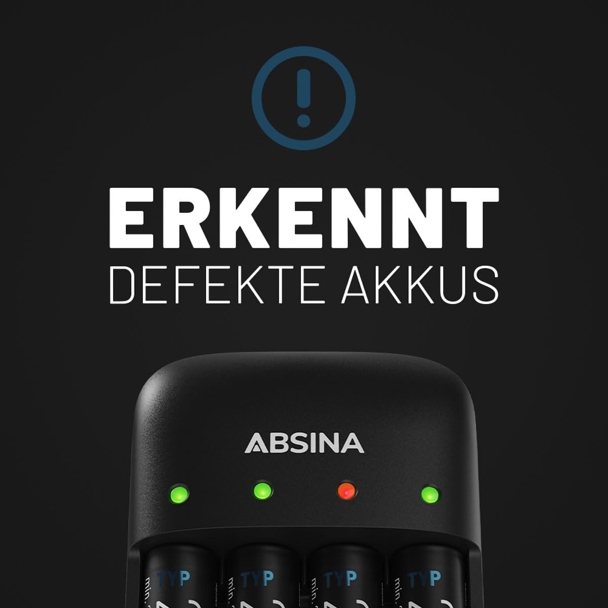 ABSINA Ładowarka do akumulatorów AA AAA i 9 V blok wraz z 4 bateriami AA 2900 - ładowarka NiMH 4-drożna do akumulatorów wielokrotnego ładowania - ładowarka do akumulatorów z bateriami - akumulatory z