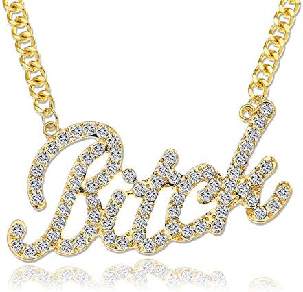 Q&Q Fashion Gold Celebrity Urban Big Bling Bitch Necklace Word Crystal Pave Rhinestone Chunky Chain Best Friend Friendship Jewelry BFF Gift
