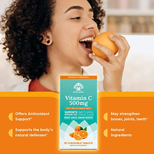 Nutricelebrity Vitamin C Chewable Tablets 500Mg Supplement With Zinc & Ginger Roots, Natural Orange Flavor, Great For Adults & Kids Vegan Friendly, Non-Gmo Gluten, Dairy & Soy Free 90 Tablets - 2 Pack #TOP6