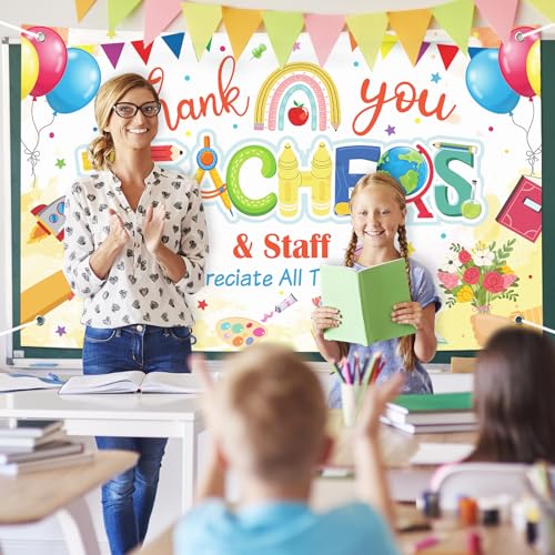 Image of Happy Teacher Day Banner Teacher Appreciation Week Decorations Flag Outdoor 71x44 Inch School Classroom Backdrop,Thank You Teacher Gifts for Indoor Home Party Supplies,Yard Sign Photography Background