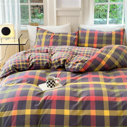 Image of LifeTB Full Comforter Set Geometric Checkered Pattern Comforter Multicolor Grid Plaid Gingham Bedding Comforter Set Soft Fluffy Lightweight Bedding 3 Pieces Grid Bed Comforter with 2 Pillowcases