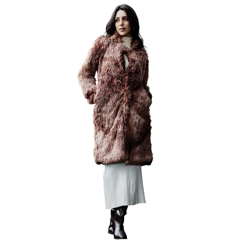 pinacolada Women's Long Coat, Notch Collar, Long Regular Sleeves, Button Closure, Solid Fur Knitted Shirt For Casual, Chocolate Brown-picture-12