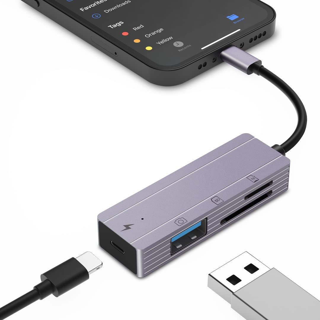 sunshotSD TF Card Reader Hub, 4in1 USB Camera Adapter with USB Female OTG Cable, Charging and Slot Card, Compatible with Phone12/11/Xs/Xr/X & Pad, Support USB Disk, Mouse, Keyboard, Hubs, MIDI (Gray)