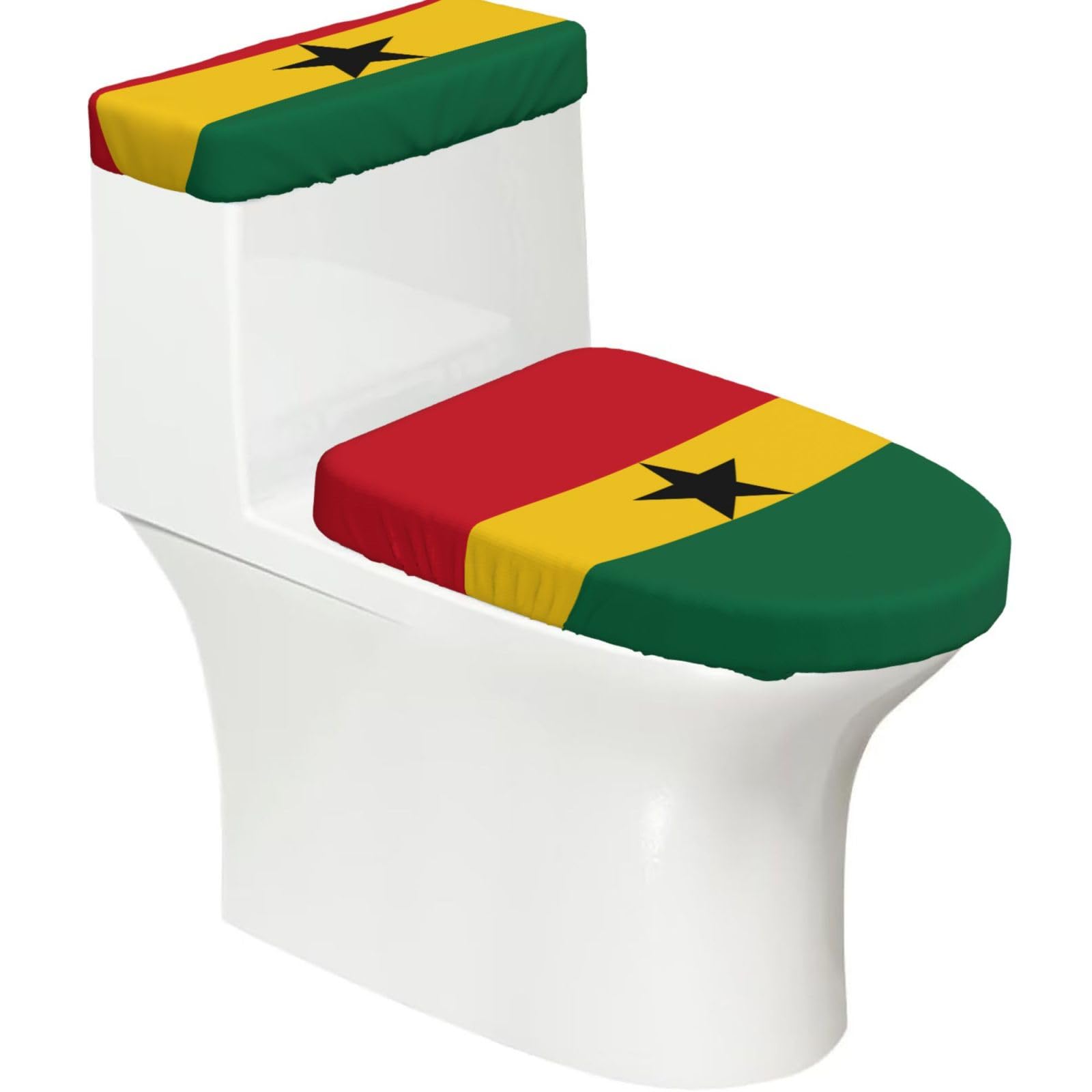 Flag of Ghana Elastic Toilet Cover Set of 2-Stretchy Lid and Tank Covers for Bathroom, Soft Washable U Shape Toilet Decor