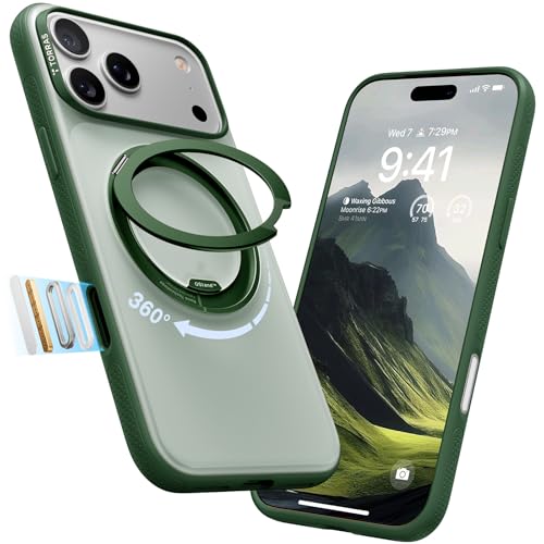 Image of TORRAS 360 Magnetic Stand for iPhone 17 Pro Case, Ostand 3.0[Fit for MagSafe][4X Mil-Grade Shockproof] Rotatable Kickstand Protective Cover, Camera Control Button, Translucent Pine Green, O3 Fitness