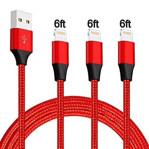 Lightning Cable Durable iPhone Charger Cable Nylon Braide Lightning Charging Cable 3 Pack 6FT Long iPhone Cable USB Lightning Cord Compatible iPhone XS/Max/XR/X/8/8P/7P/6S/iPad/iPod/IOS (Red)