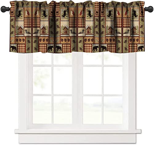 GoDazzling Retro Rustic Kitchen Curtain Valance, Animal Moose Deer Bear Duck Leaf Tree Country Farmhouse Style Window Valance, for Bedroom Living Room Cafe Bathroom W54xL18in 1 Panels