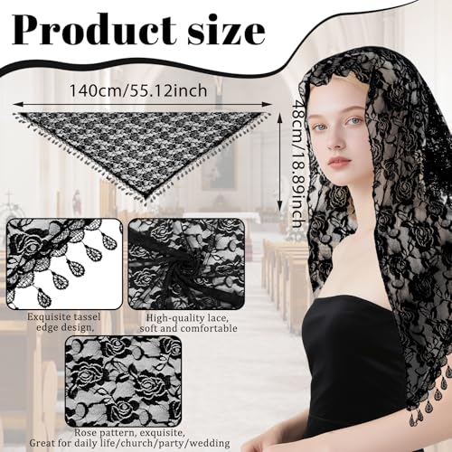 2 Pcs Mass Veil Triangle Mantilla Cathedral Head Covering Chapel Veil Lace Shawl Latin Scarf Latin Mass Head Covering Veils for Wedding Bridal Bridesmaid (Black)2