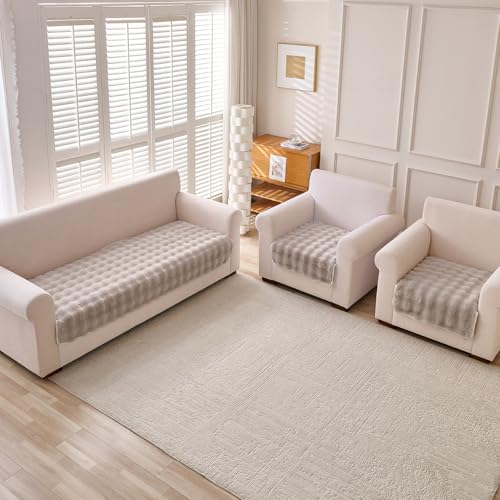 Image of HOKIPO 'FurHug' Luxury Faux Rabbit Fur Sofa Mat 5 Seater in 3+1+1 Configuration, Latte Brown (NEW-AR-5010-5)