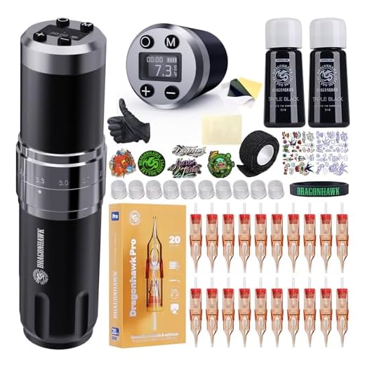Dragonhawk Wireless Tattoo Gun Kit, Fold3 Rotary Tattoo Machine Pen with 2 Batteries Power Supply, 20 Count Glide Extra Smooth Needles Cartridges, Adjustable 7 Strokes Length for Beginners