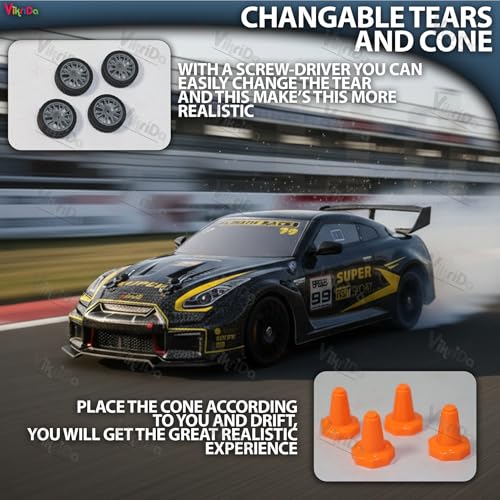 Image of VikriDA 1:24 Scale RC Drift Car - 4WD High-Speed RC Racing Car with LED Lights, 2.4GHz Controller, Rechargeable Batteries & Drifting Tires - Black & Yellow