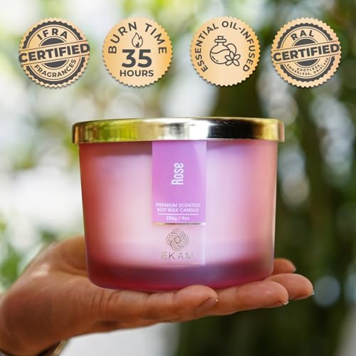 Image of EKAM 3 Wick Soy Wax Scented Candle | Rose Fragrance | 35 Hr Burn | Long Lasting Premium Jar Candle for Home Decor, Relaxation & Gifting