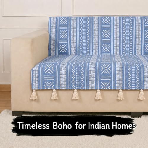 Image of STITCHNEST 'Verdant Bohemian Stories' 2 Seater Sofa Cover - Full Coverage| Elegant Jacquard Fabric, Decorative Tassels, Washable & Durable for Modern Living