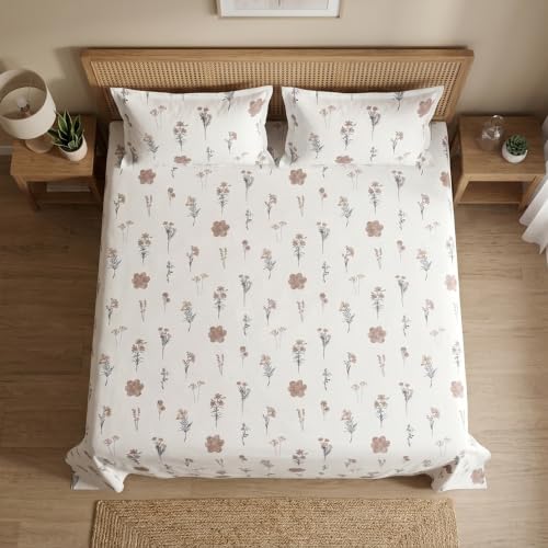 Image of HOMEMONDE King Size Bedsheet | Cotton Flat Sheet with Two Pillow Cover | 186 TC |Floral Design| All-Season Soft Bedsheet for King Bed (108 x 108 Inch /274 x 274 cm, Prairie Charm)